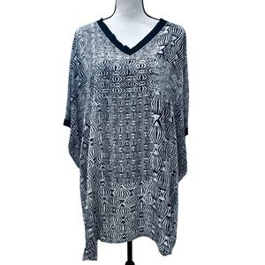 PURE DKNY BLACK & IVORY SILK GEOMETRIC PATTERN V NECK SHORT SLEEVE LOOSE FIT TOP